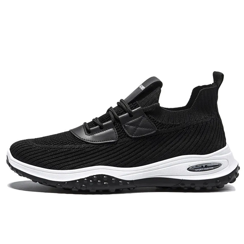 Men's black flyknit low-top sports shoes with lace-up front and flat plastic sole