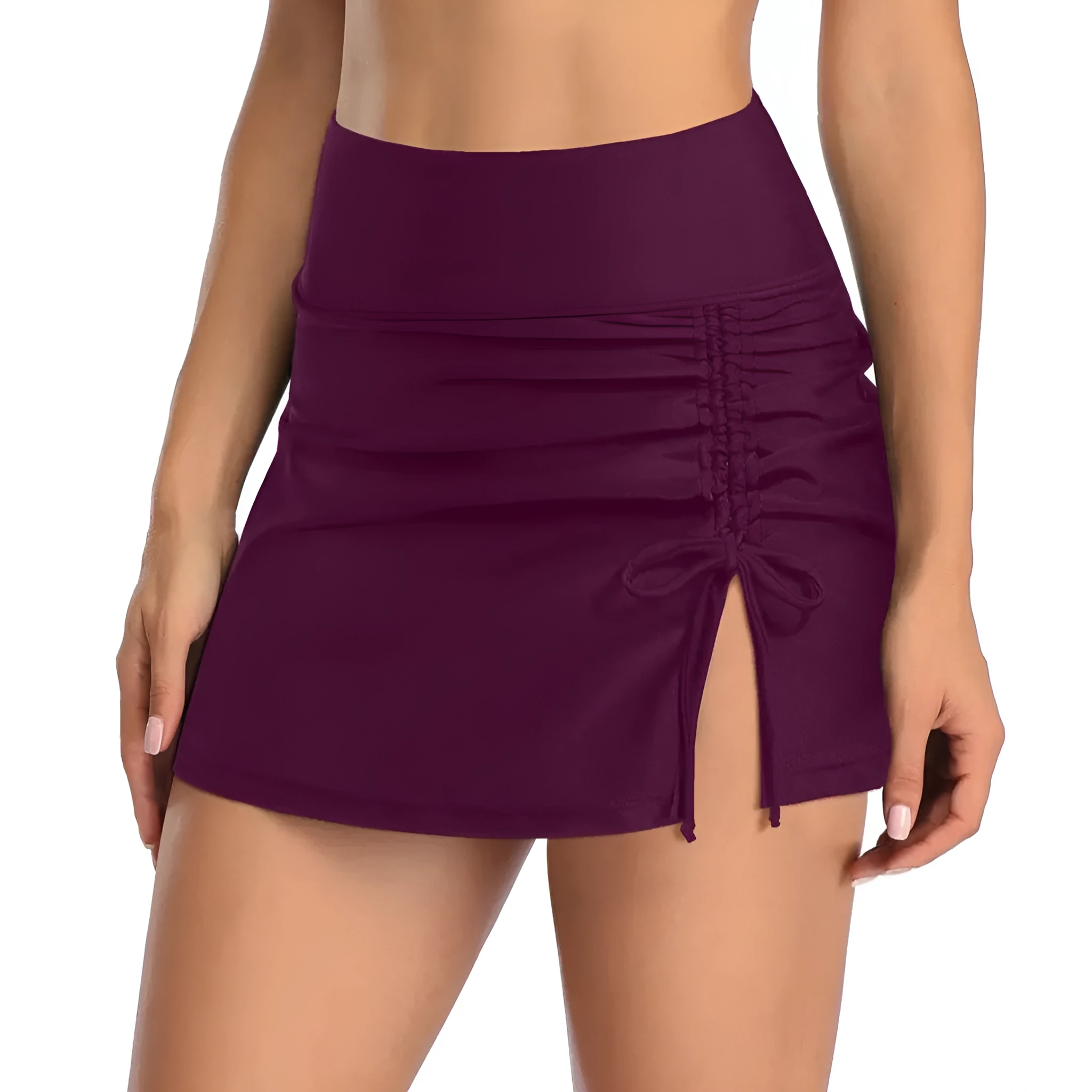 Women's solid colour swimming trunks with lace detail on polyester fabric.