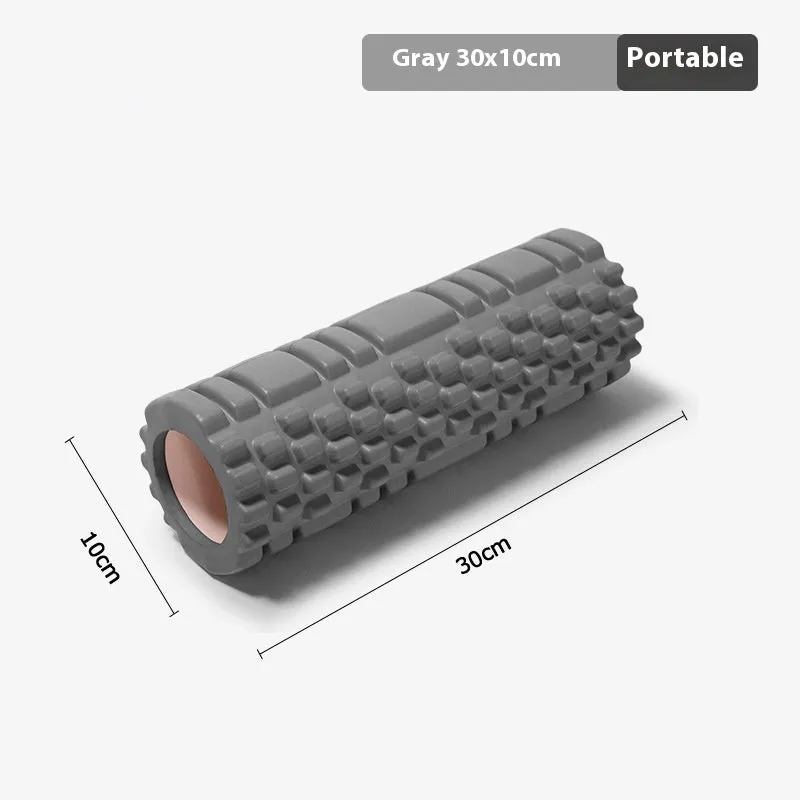 A firm EVA foam roller for fitness and muscle recovery, shown in a selection of colours including pink, blue, and grey.