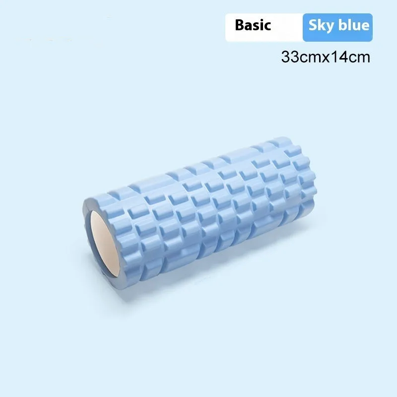 A firm EVA foam roller for fitness and muscle recovery, shown in a selection of colours including pink, blue, and grey.