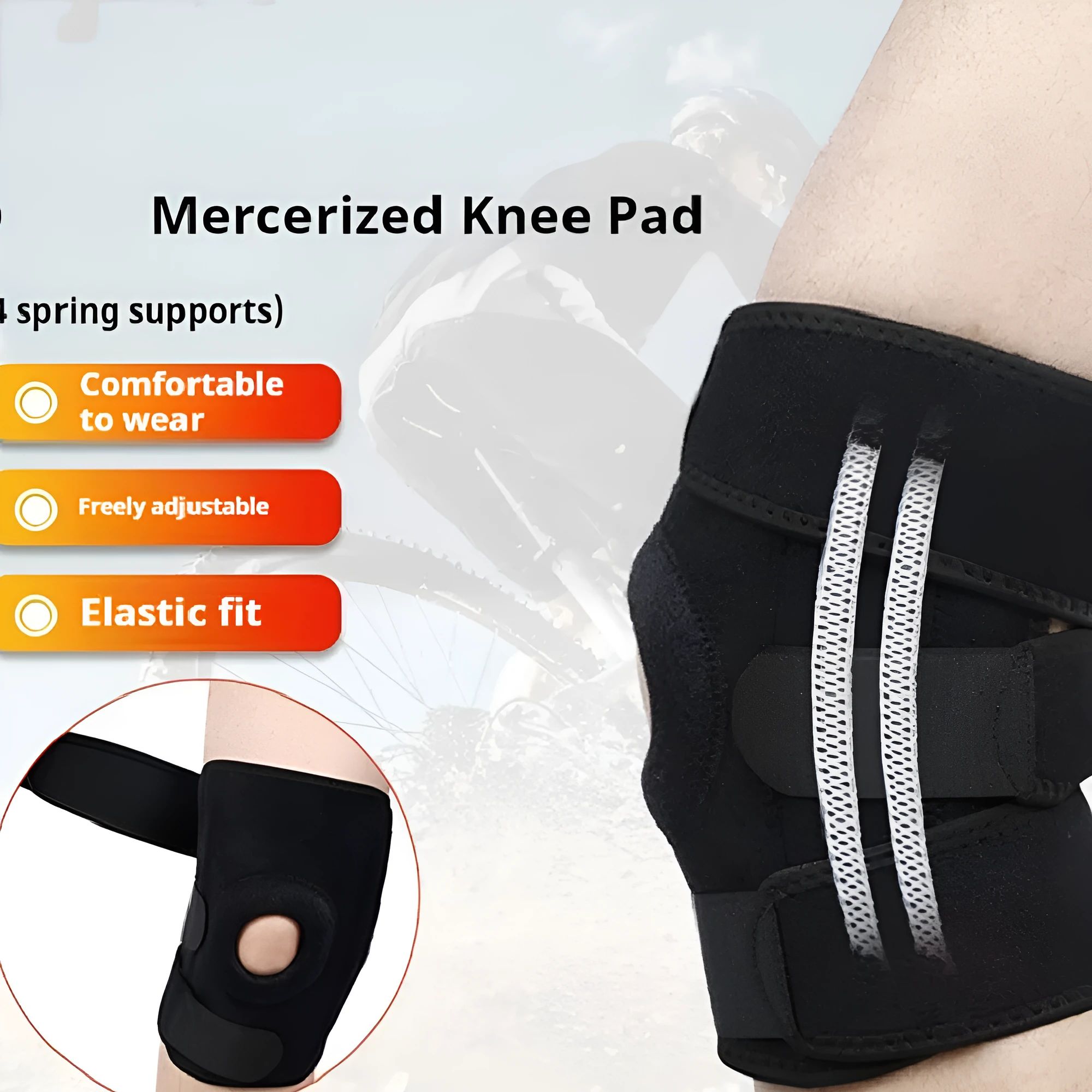 Spring support knee pads for sports with adjustable spring configurations in nylon mercerised cloth