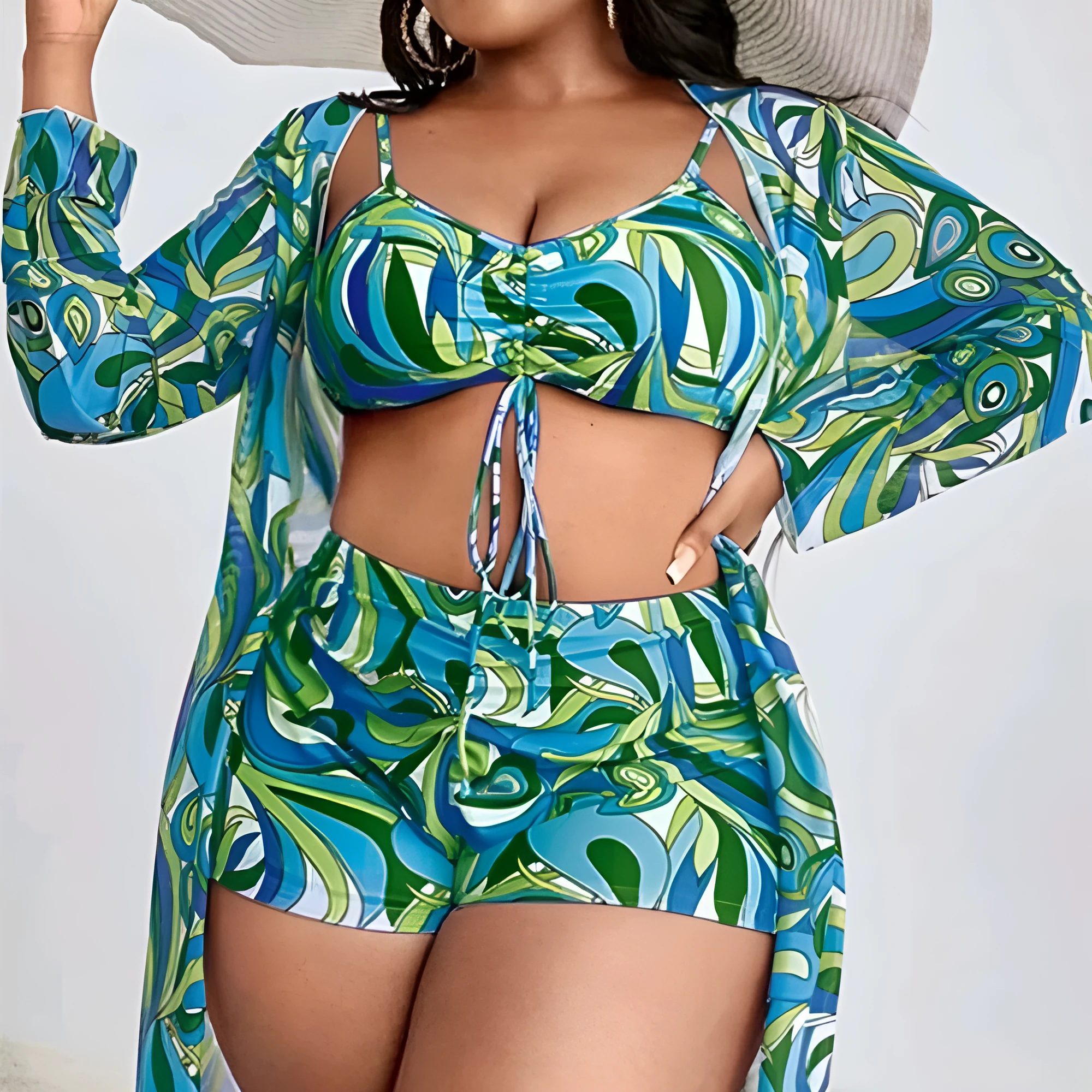 Women's floral patterned bikini three-piece set with cardigan in extended sizes