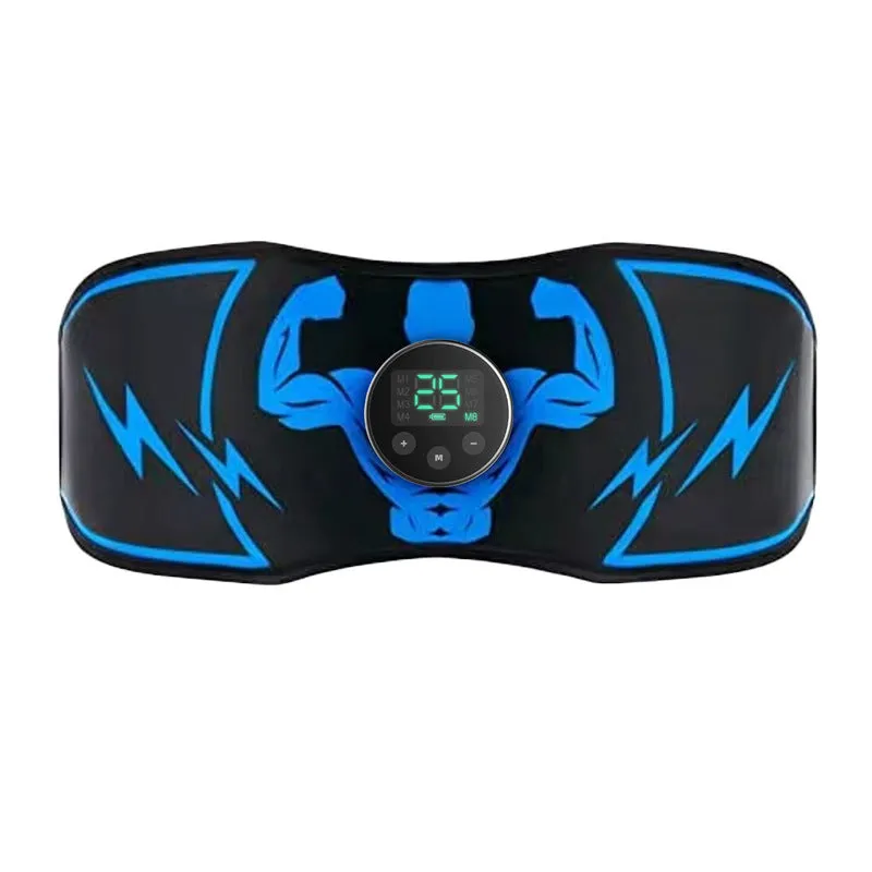 Blue EMS abdominal stimulation belt with wireless remote control and multiple stimulation units for fitness muscle activation