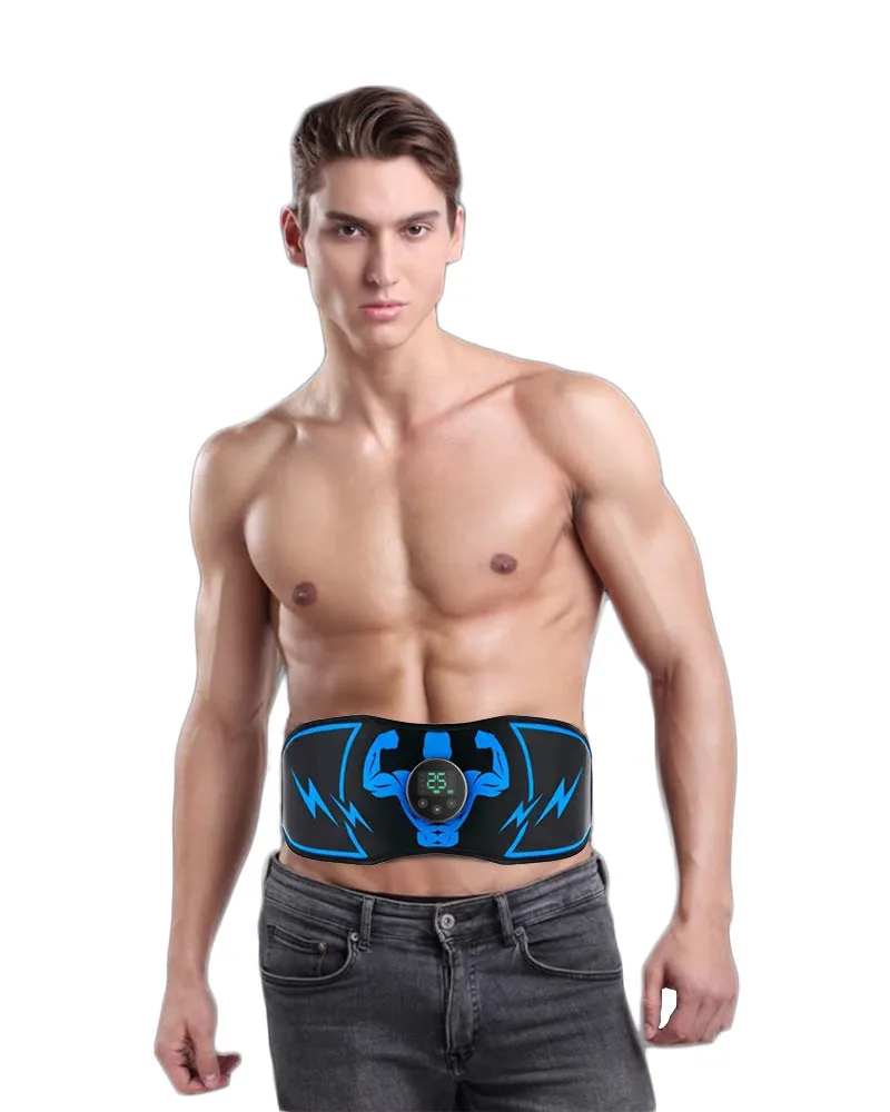 Blue EMS abdominal stimulation belt with wireless remote control and multiple stimulation units for fitness muscle activation