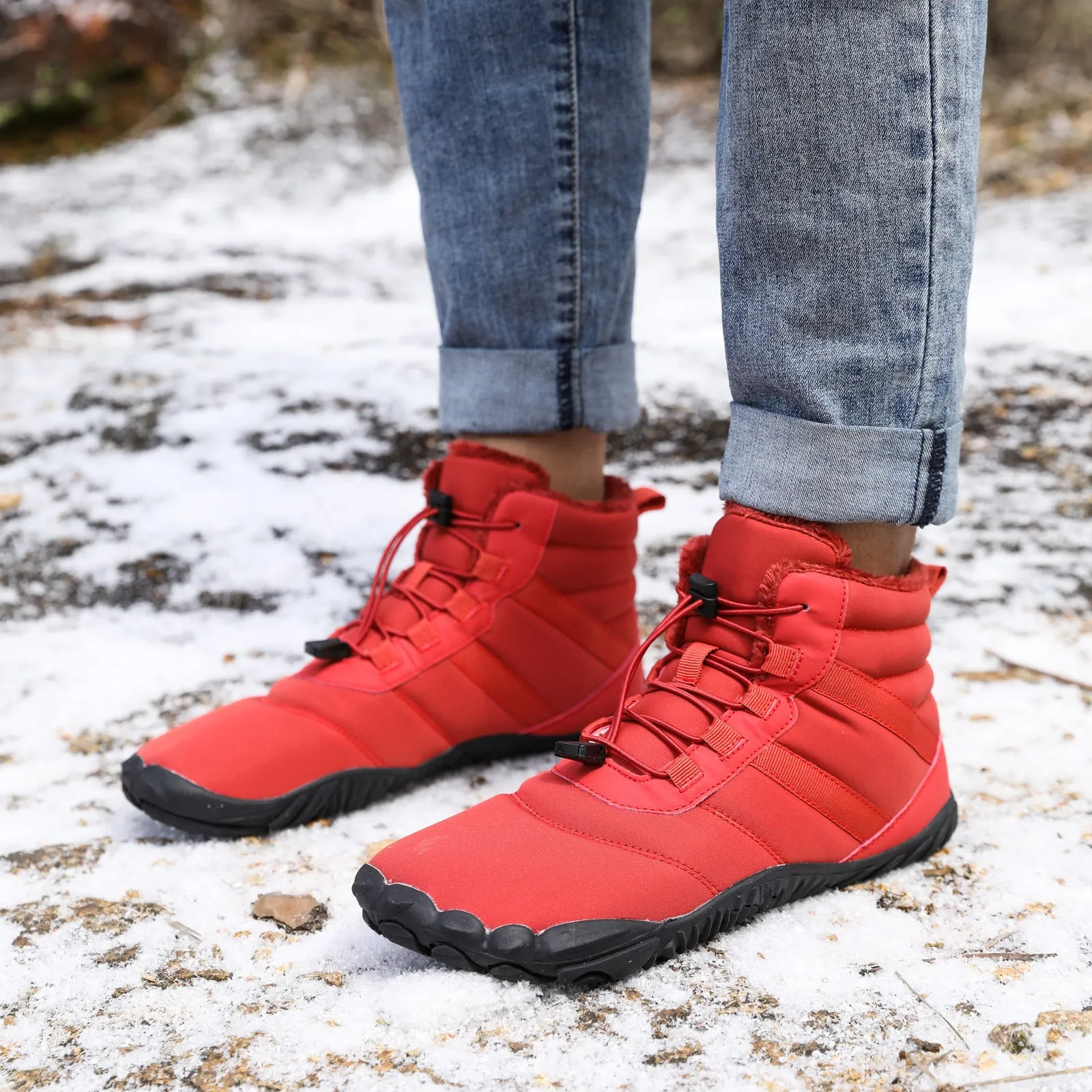 Five-finger waterproof hiking snow boots with fleece lining and rubber outsole in beige, grey, black, or wine red.