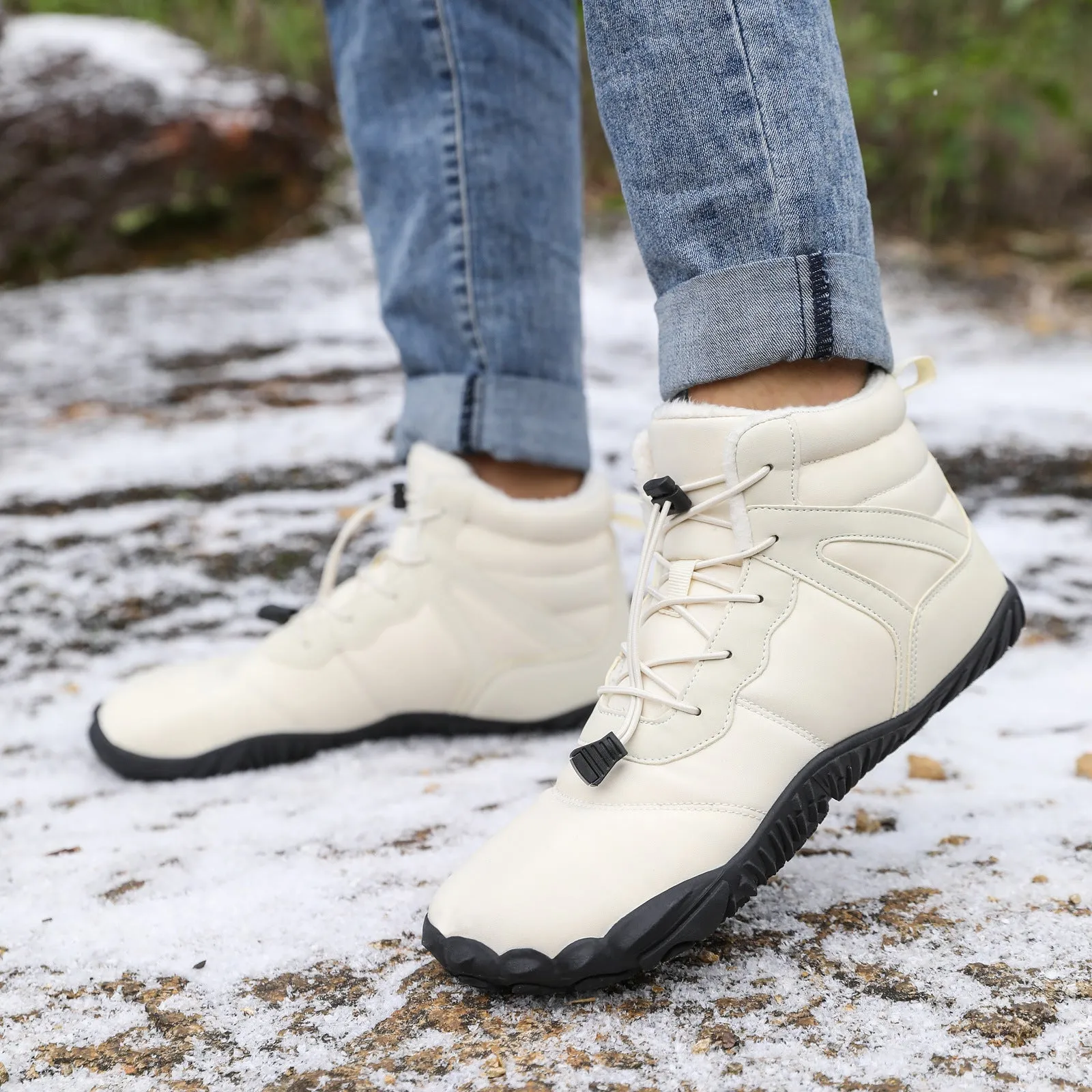 Five-finger waterproof hiking snow boots with fleece lining and rubber outsole in beige, grey, black, or wine red.