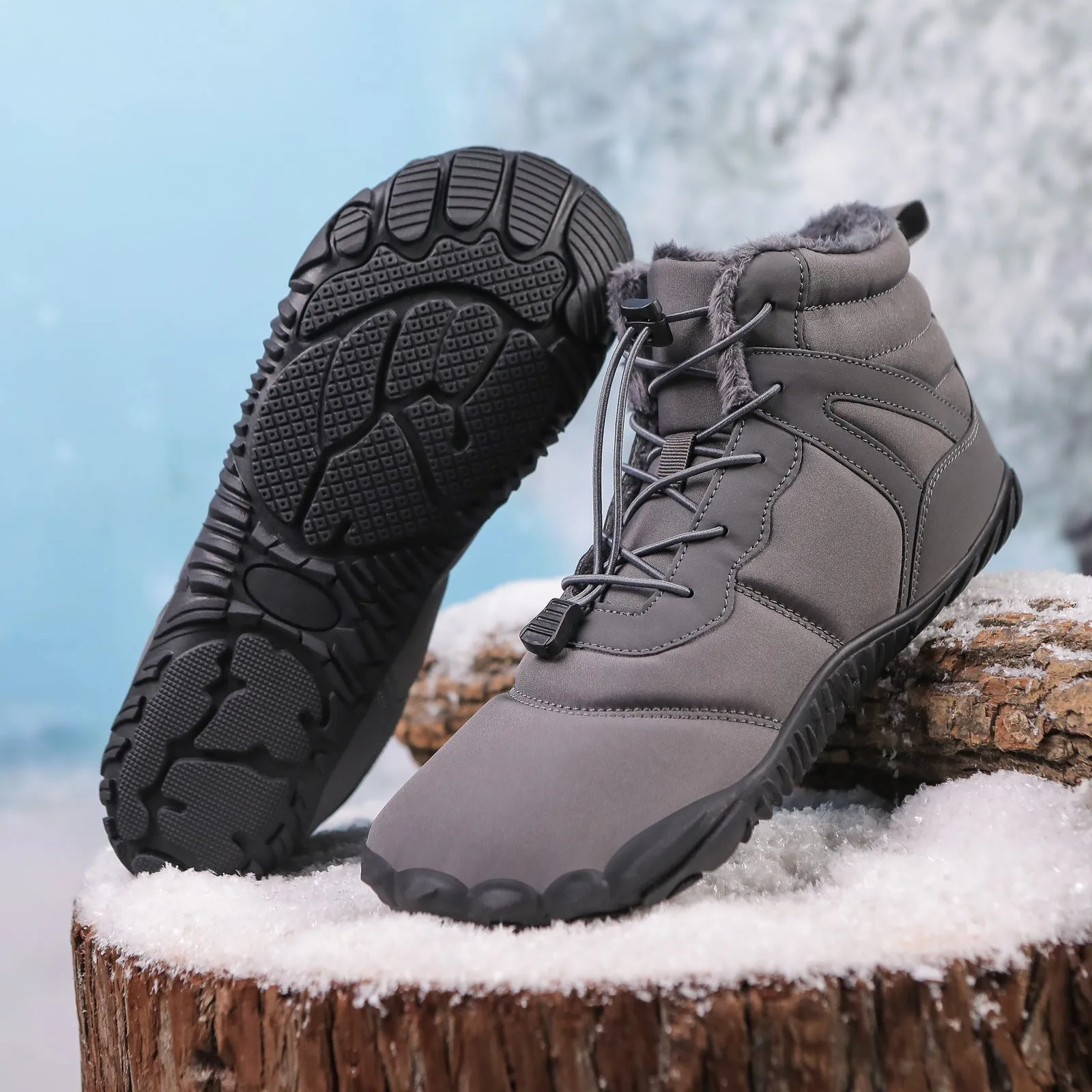 Five-finger waterproof hiking snow boots with fleece lining and rubber outsole in beige, grey, black, or wine red.