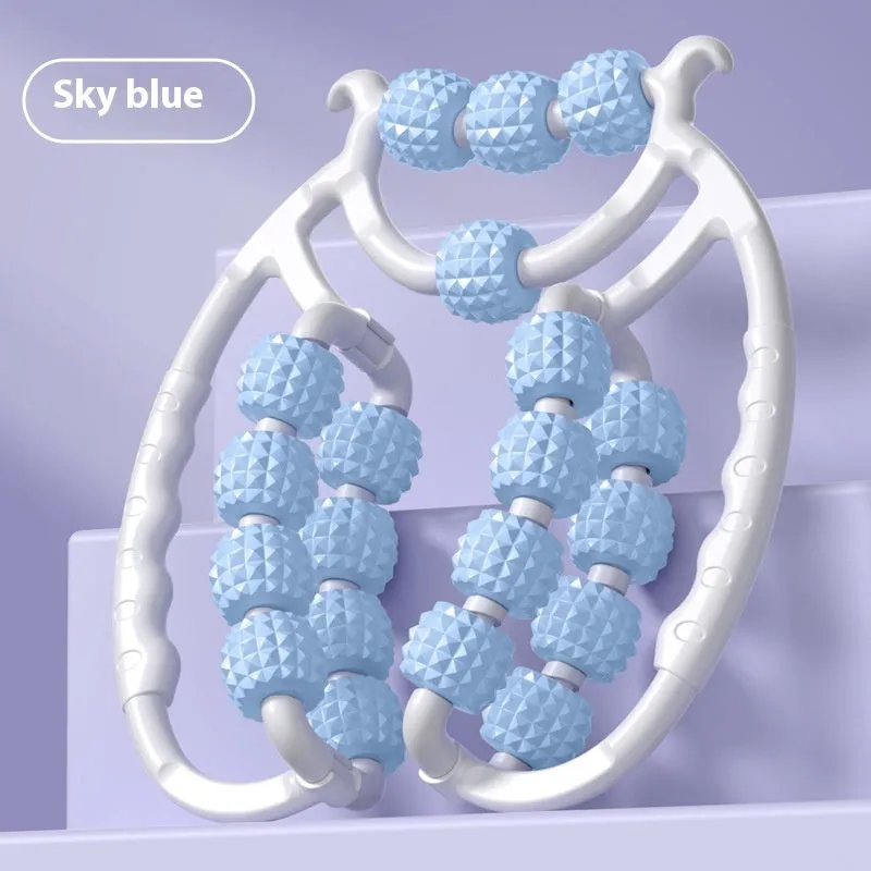 A handheld leg massage roller with double-row wheels in a choice of five colours including coral pink and green.