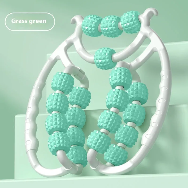 A handheld leg massage roller with double-row wheels in a choice of five colours including coral pink and green.