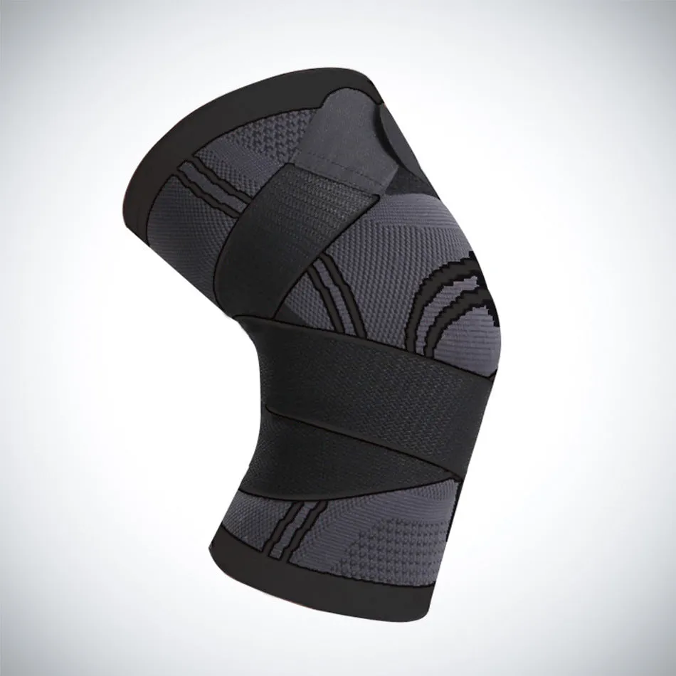 A pair of black non-slip knee pads for sports and fitness activities on a plain background.