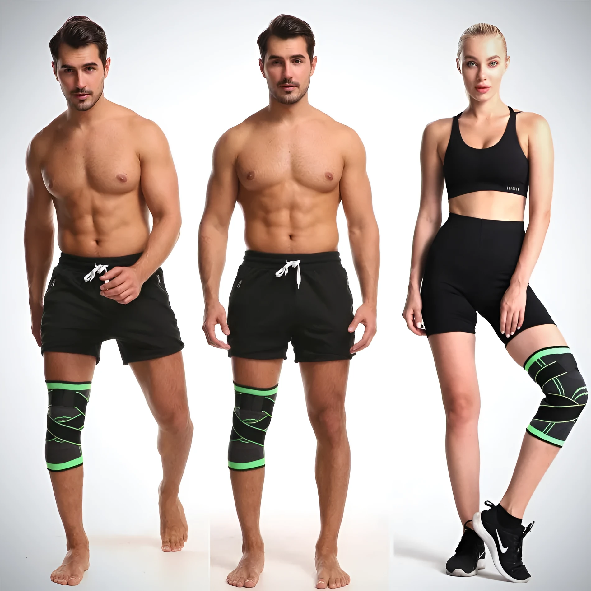 A pair of black non-slip knee pads for sports and fitness activities on a plain background.