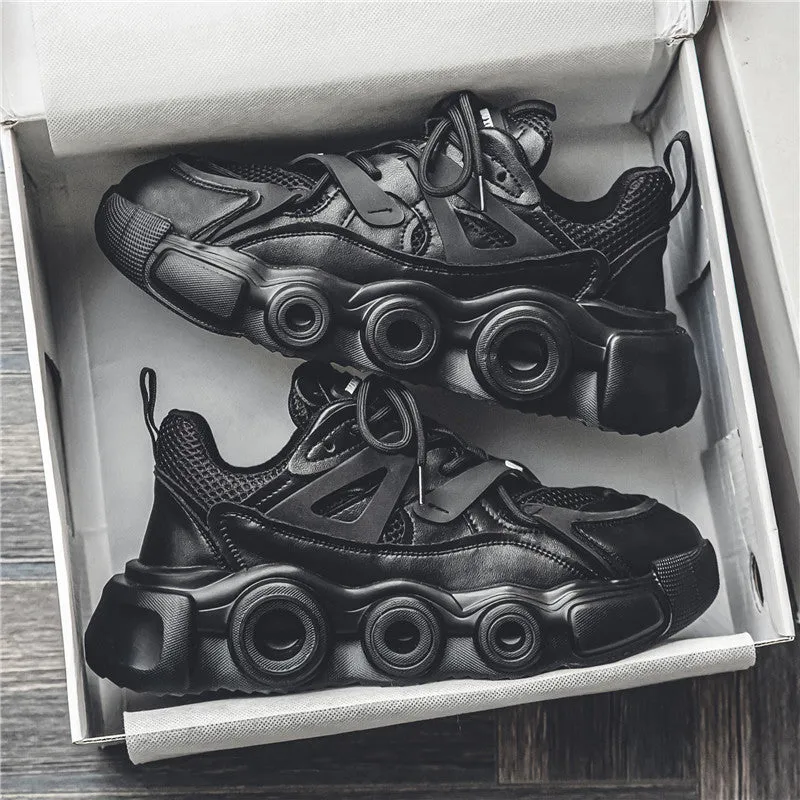 Men's black mesh sneakers with thick rubber sole and lace-up design for height increase