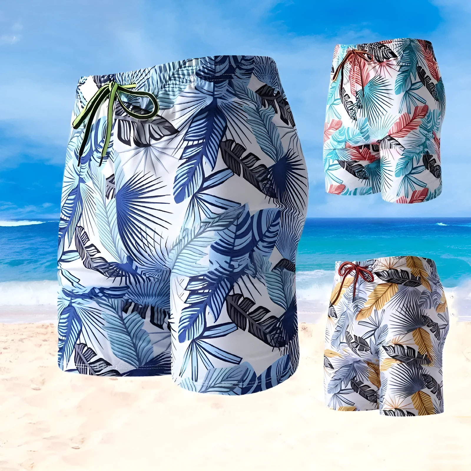 Men's cropped beach pants swimming trunks in multicolour leaf pattern with polyester spandex fabric