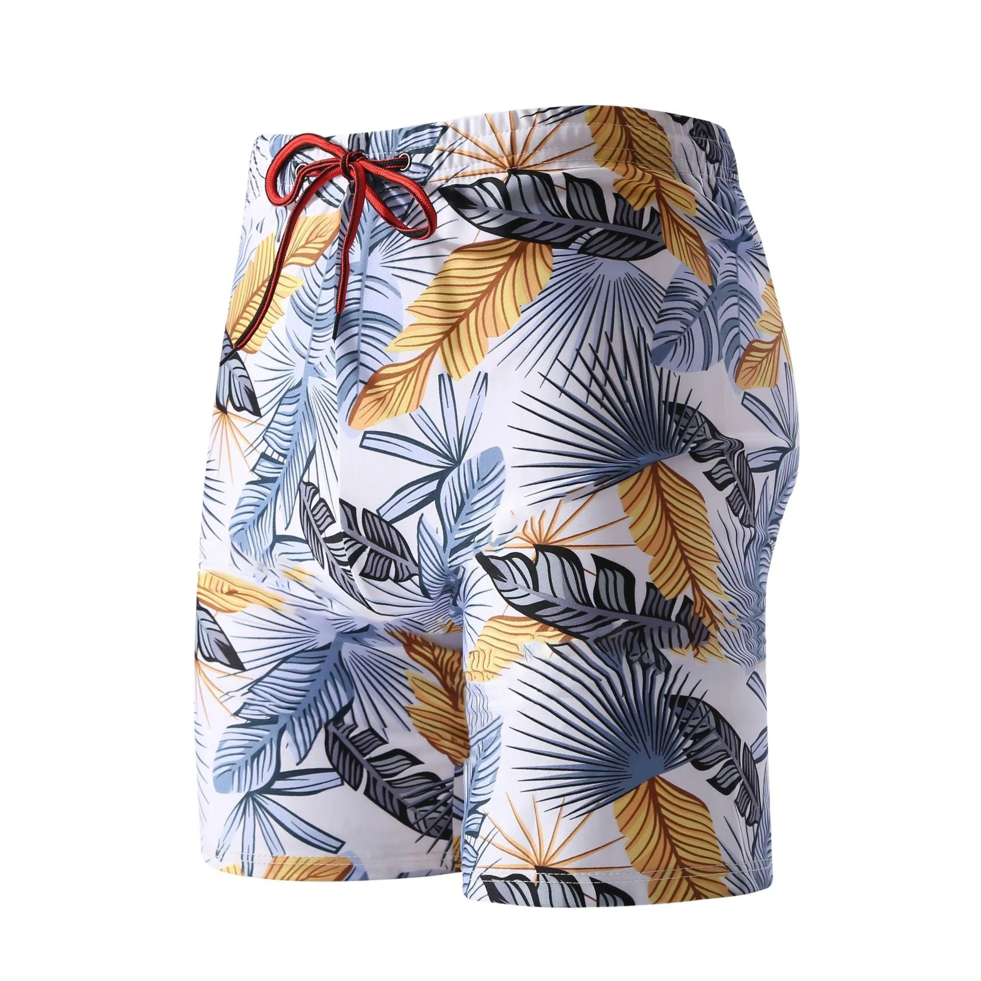 Men's cropped beach pants swimming trunks in multicolour leaf pattern with polyester spandex fabric