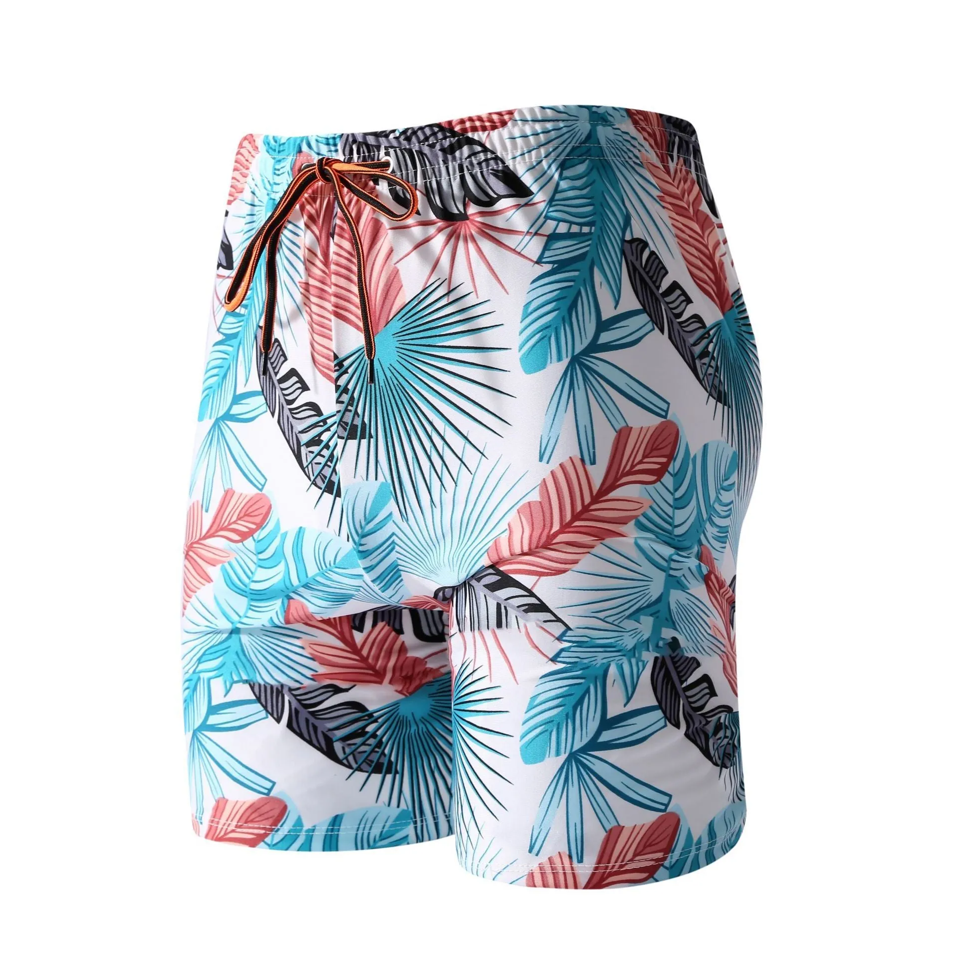 Men's cropped beach pants swimming trunks in multicolour leaf pattern with polyester spandex fabric