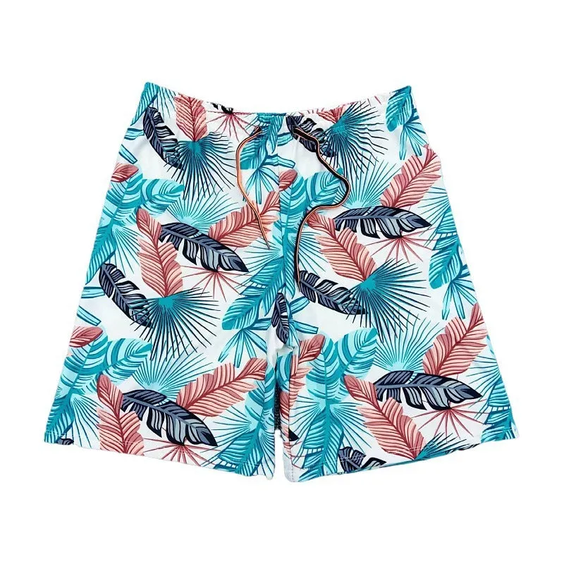 Men's cropped beach pants swimming trunks in multicolour leaf pattern with polyester spandex fabric