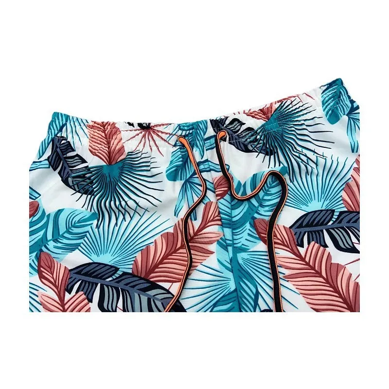Men's cropped beach pants swimming trunks in multicolour leaf pattern with polyester spandex fabric