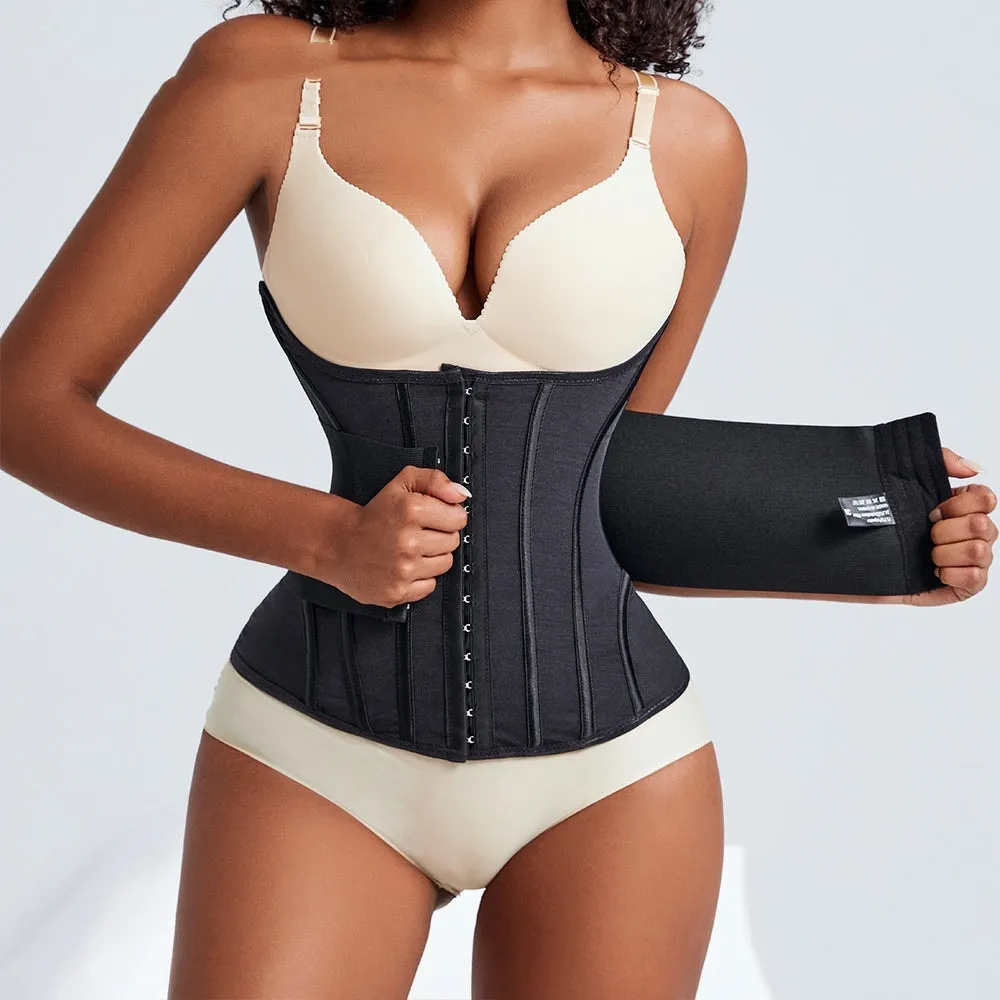 Black and apricot nylon belly band for waist training, shown with belt tie, sizes XXXS to 3XL.