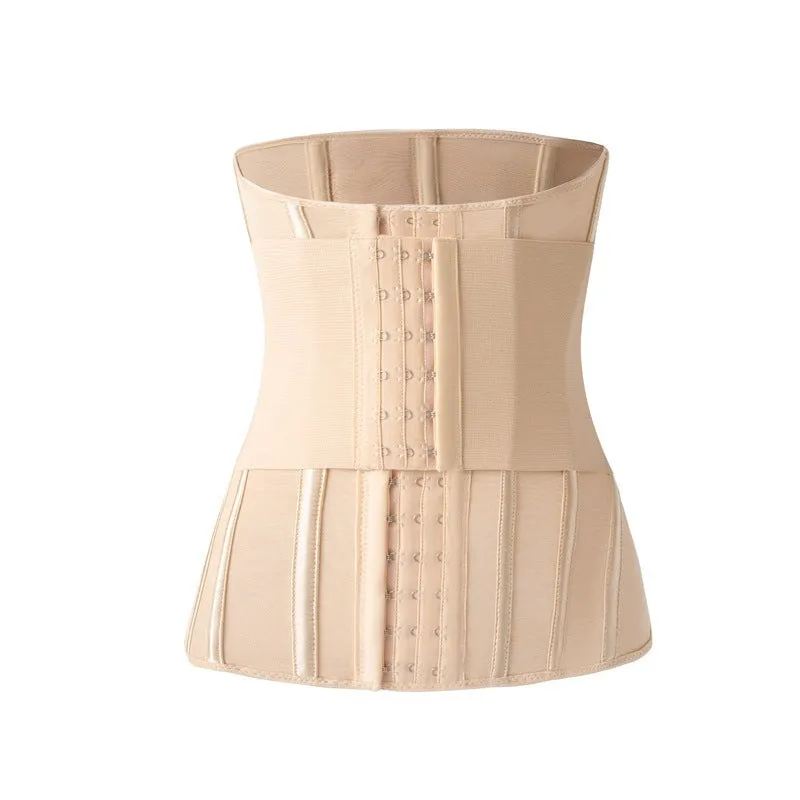 Black and apricot nylon belly band for waist training, shown with belt tie, sizes XXXS to 3XL.