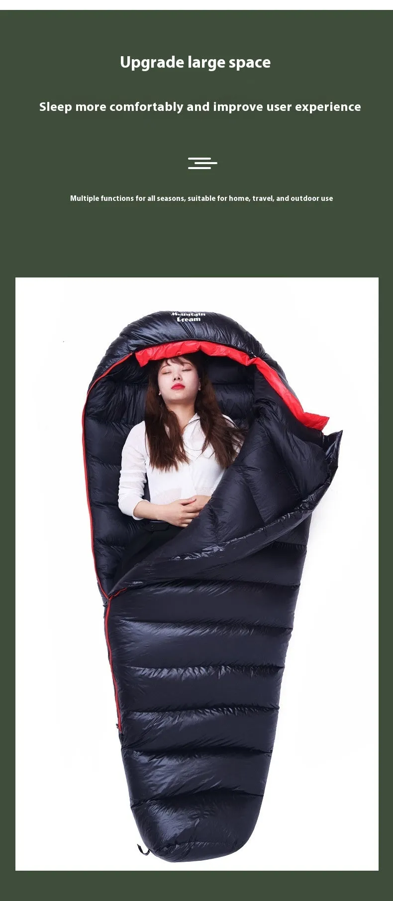 Ultralight mummy-style sleeping bag with down fill, shown in army green colour.
