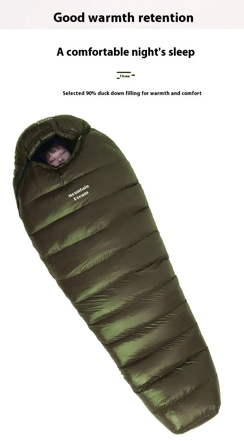 Ultralight mummy-style sleeping bag with down fill, shown in army green colour.