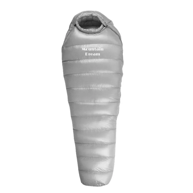 Ultralight mummy-style sleeping bag with down fill, shown in army green colour.