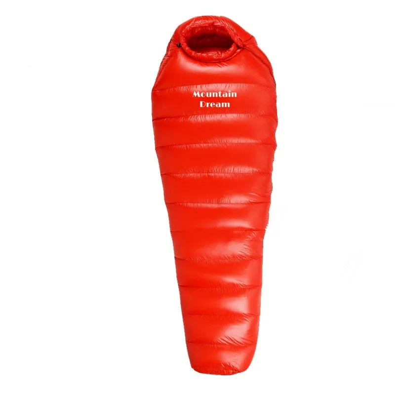 Ultralight mummy-style sleeping bag with down fill, shown in army green colour.