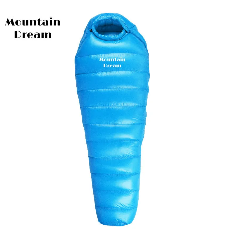 Ultralight mummy-style sleeping bag with down fill, shown in army green colour.