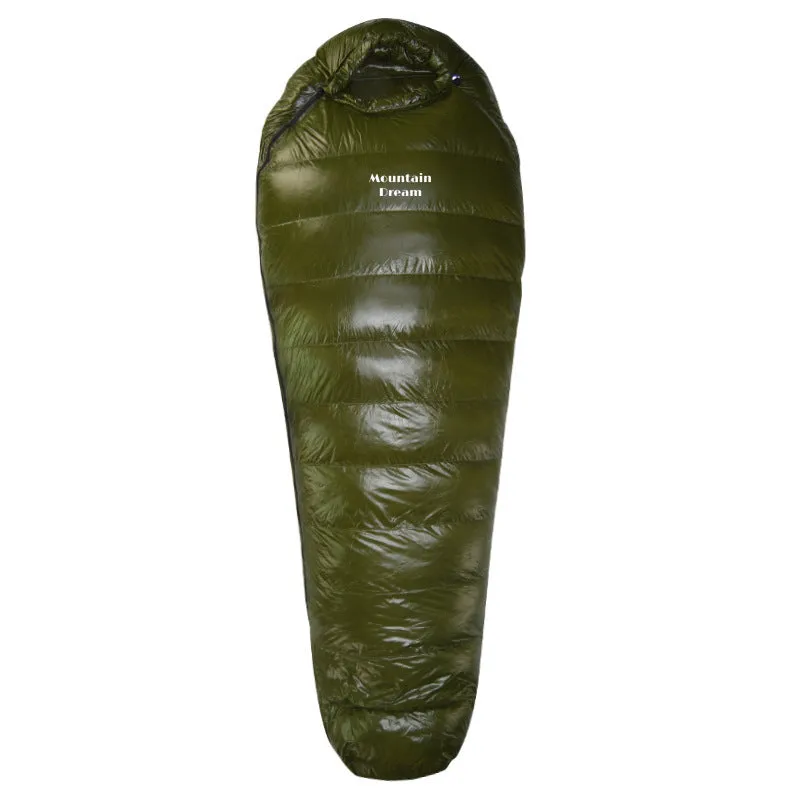 Ultralight mummy-style sleeping bag with down fill, shown in army green colour.