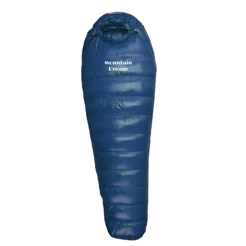 Ultralight mummy-style sleeping bag with down fill, shown in army green colour.