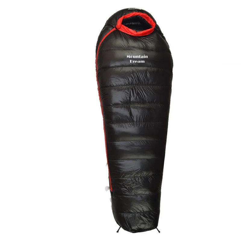 Ultralight mummy-style sleeping bag with down fill, shown in army green colour.