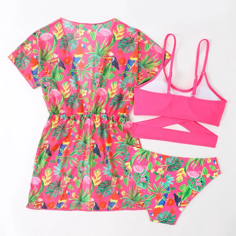 Girls floral bikini swimsuit with split overclothes design for swimming and wading activities