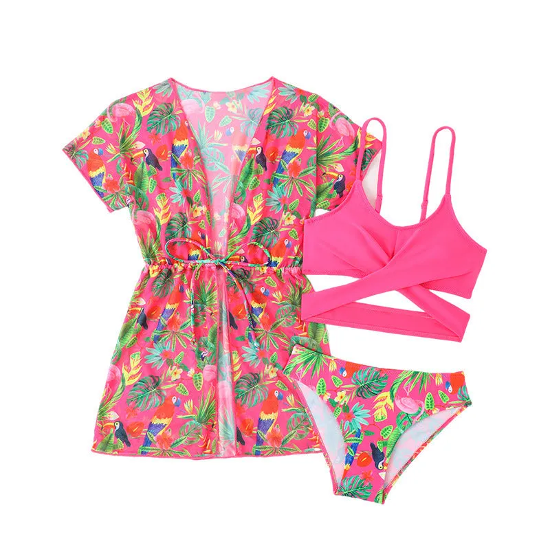 Girls floral bikini swimsuit with split overclothes design for swimming and wading activities