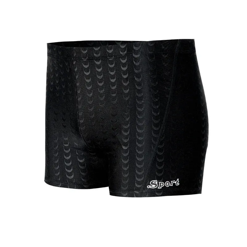 Men's solid colour polyester swimming trunks shown in boxers and cropped pants styles.