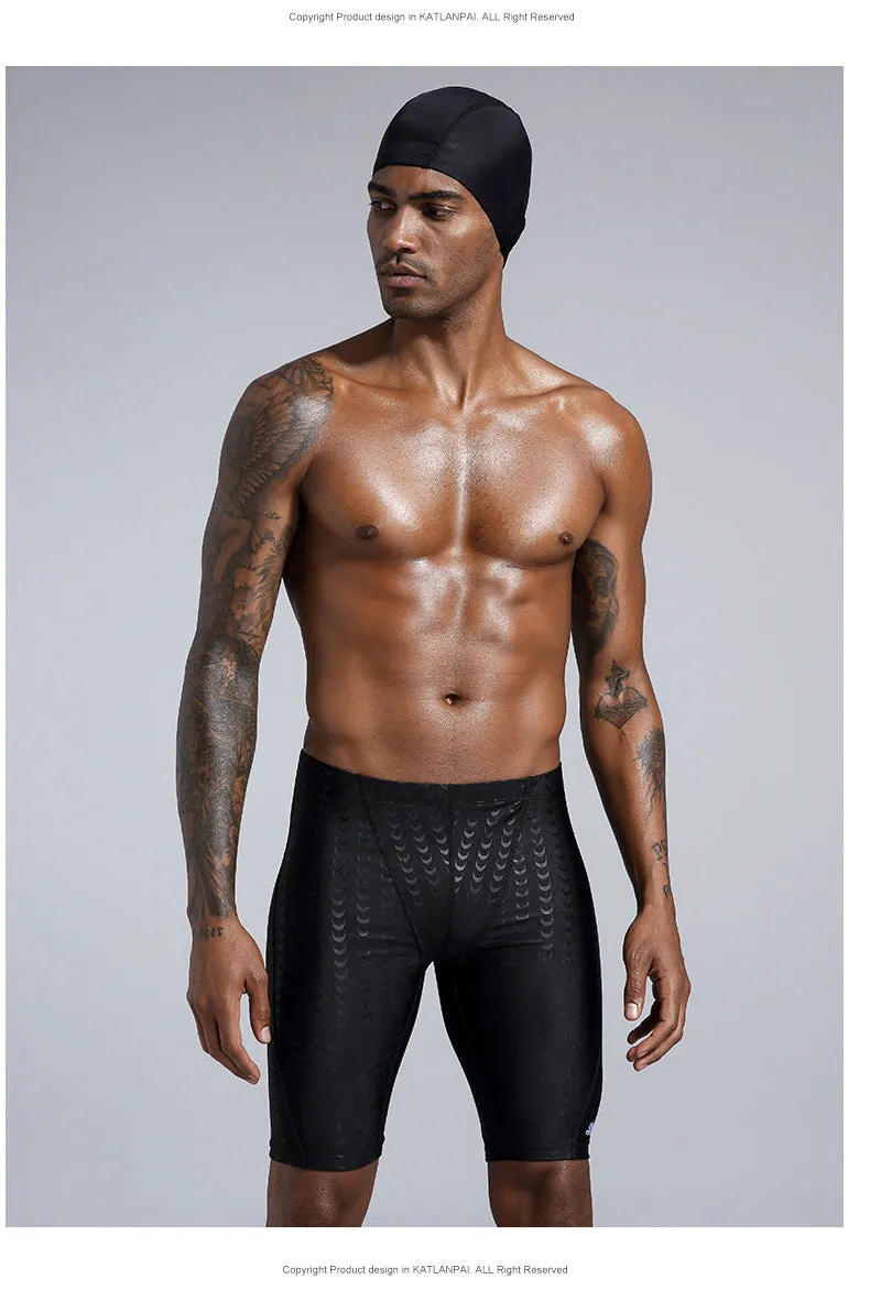 Men's solid colour polyester swimming trunks shown in boxers and cropped pants styles.