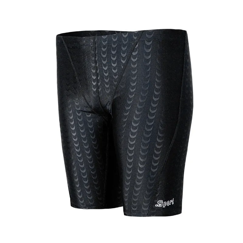 Men's solid colour polyester swimming trunks shown in boxers and cropped pants styles.