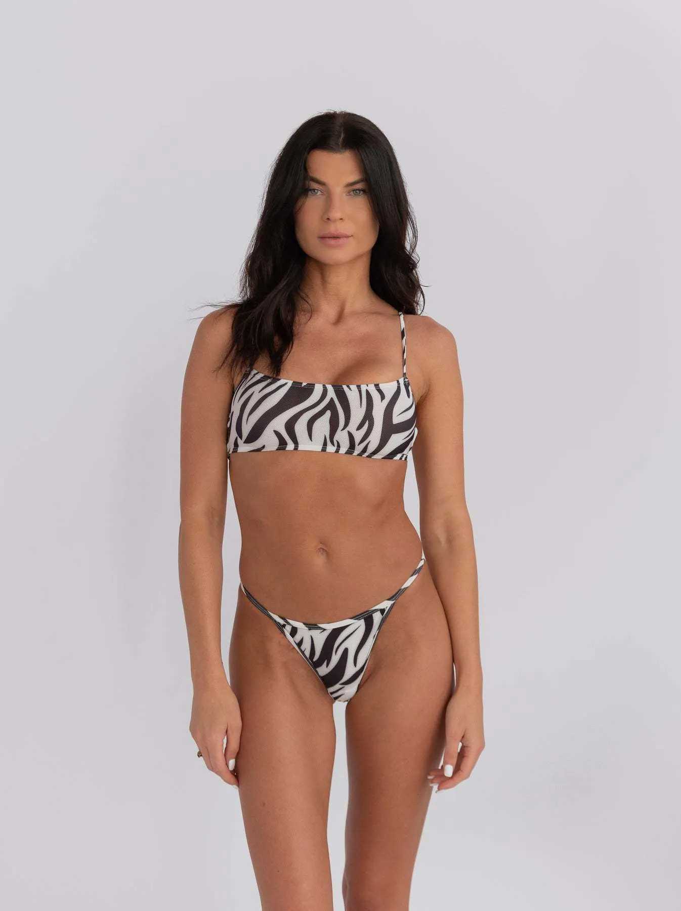 Women's striped banded bikini swimsuit set with adjustable chest wrap in polyester fabric