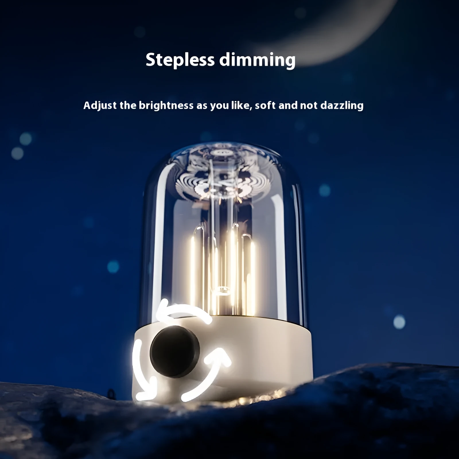 Beige and black rechargeable camping ambience light with control knob, shown with size scale.