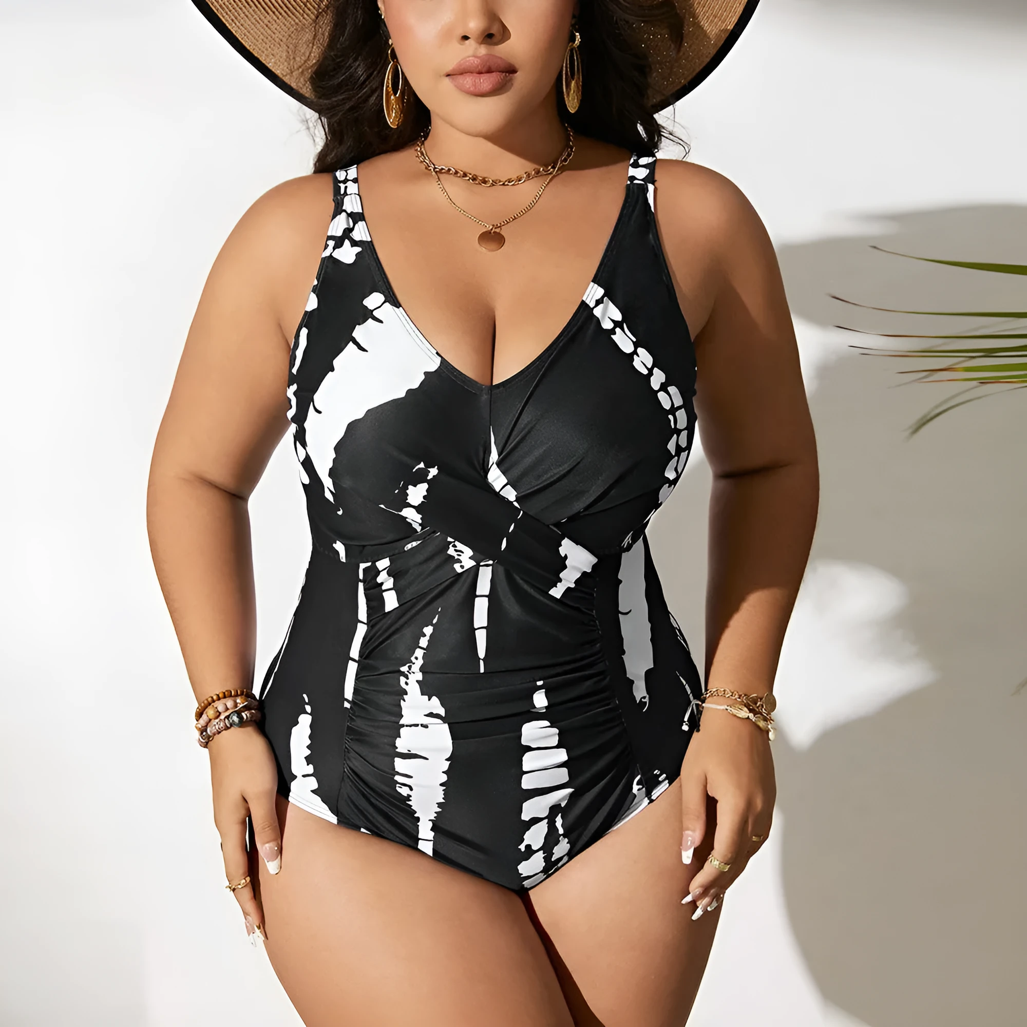 Black one-piece swimsuit with Siamese pattern in extended sizes from 0XL to 5XL