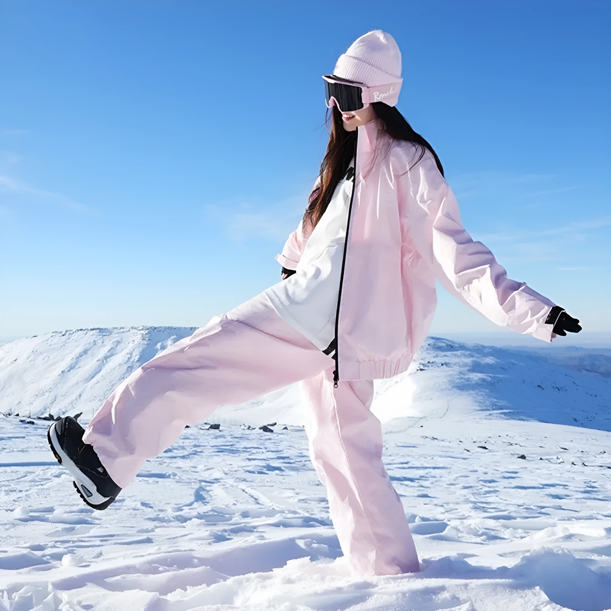 Outdoor waterproof winter ski suit set with coat and trousers in cotton blend fabric