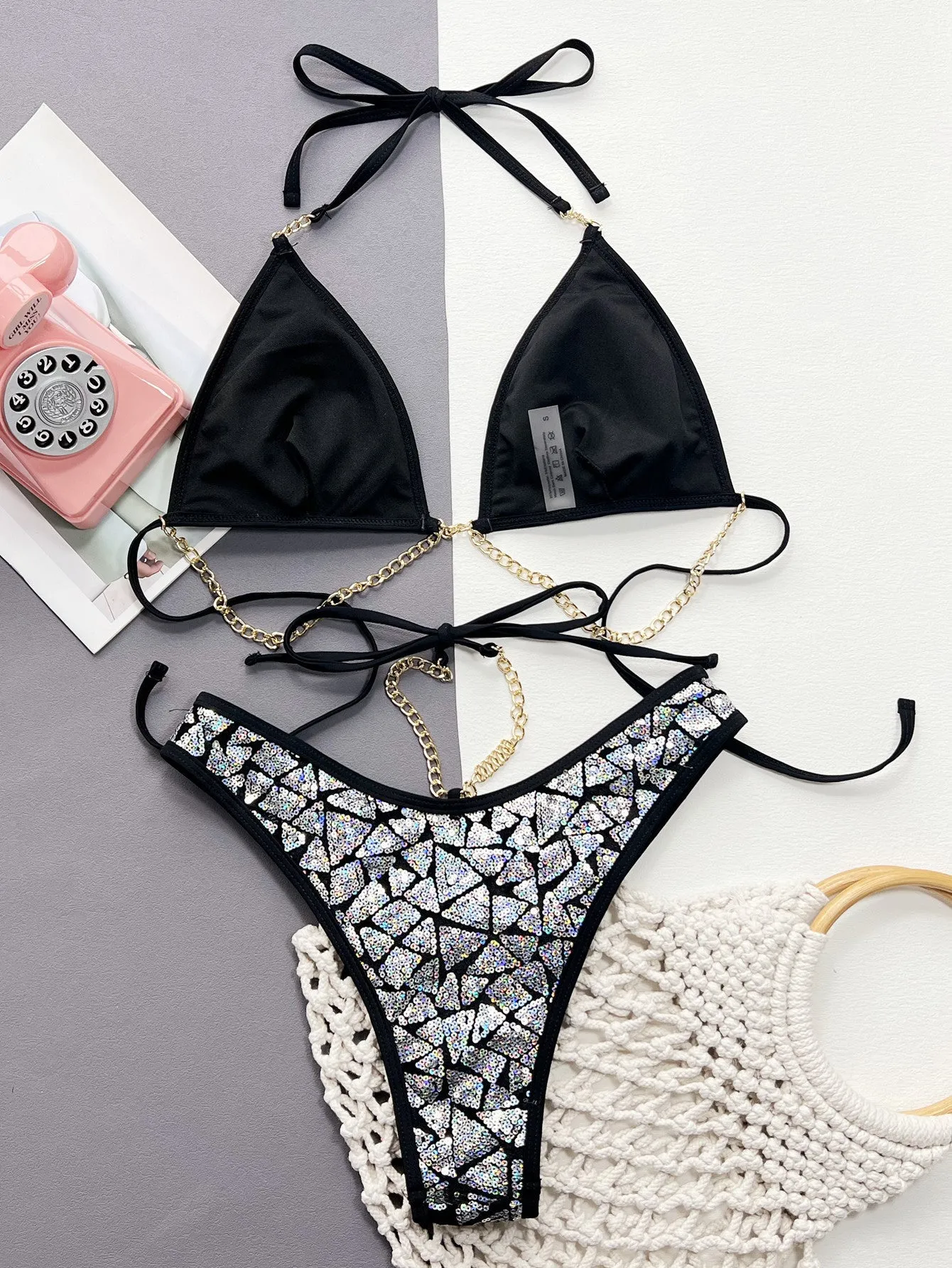 Women's silver black flash iron chain bikini swimsuit with polyester fabric