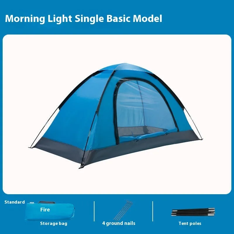 Single person manual camping tent unfolded showing interior space, with optional ground pad.