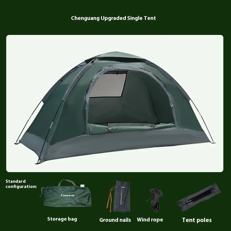 Single person manual camping tent unfolded showing interior space, with optional ground pad.