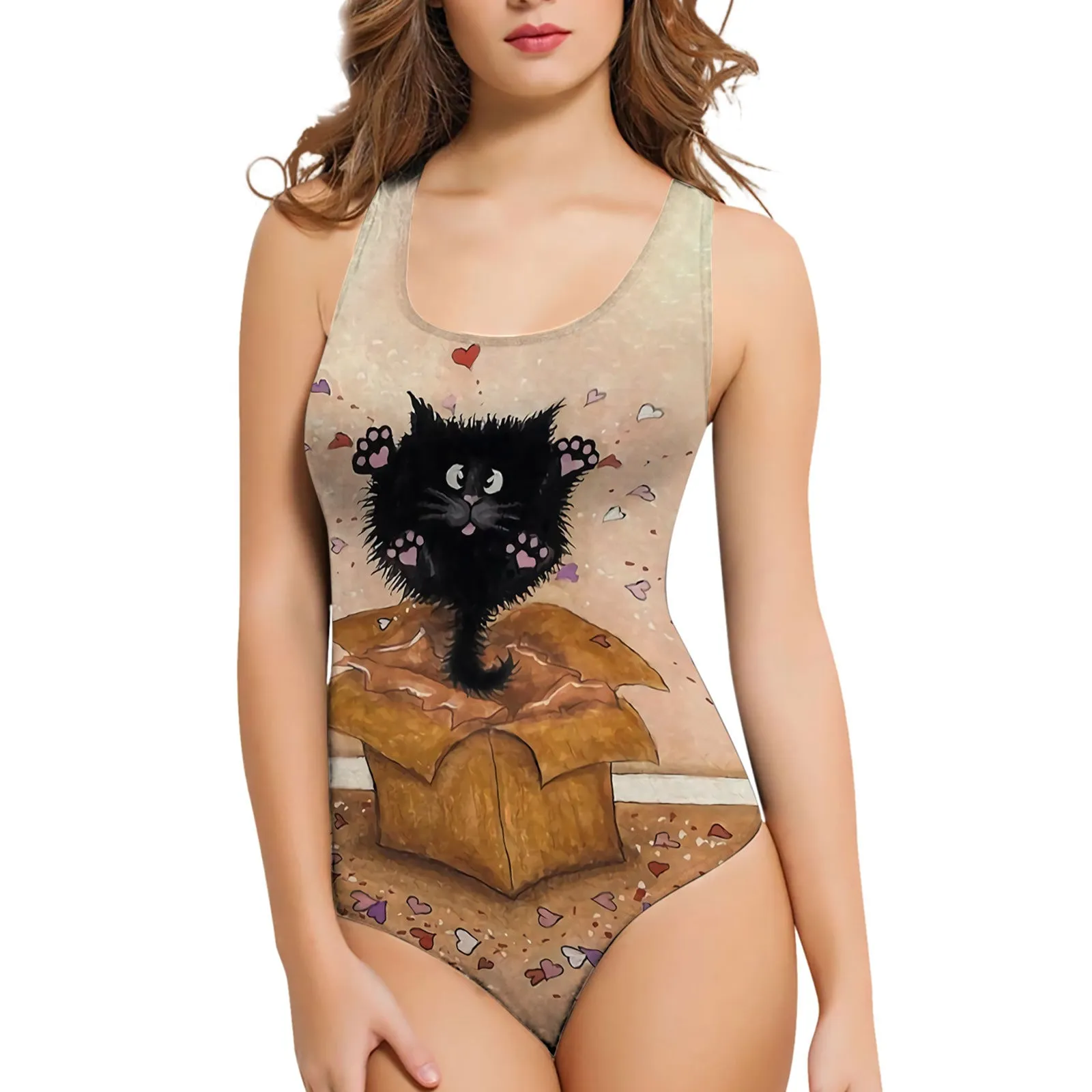 Women's sleeveless one-piece swimsuit with a 3D printed butterfly pattern on blue fabric.