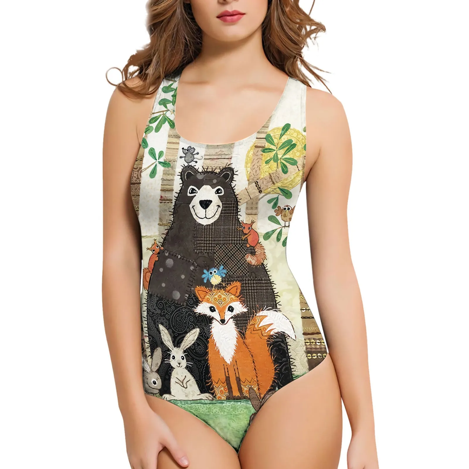 Women's sleeveless one-piece swimsuit with a 3D printed butterfly pattern on blue fabric.
