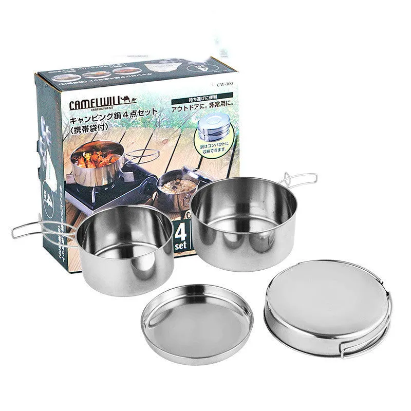 Silver stainless steel camping pot set with round design for outdoor cooking