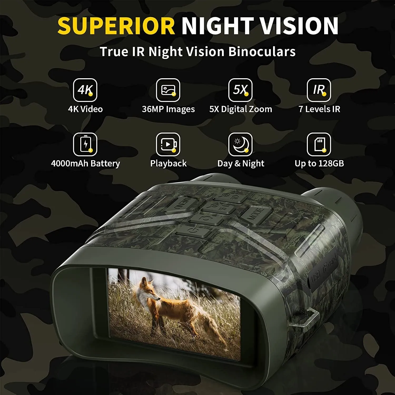 Ultra Clear 4K 36MP night vision monocular in black or camouflage colour with 3-inch screen.