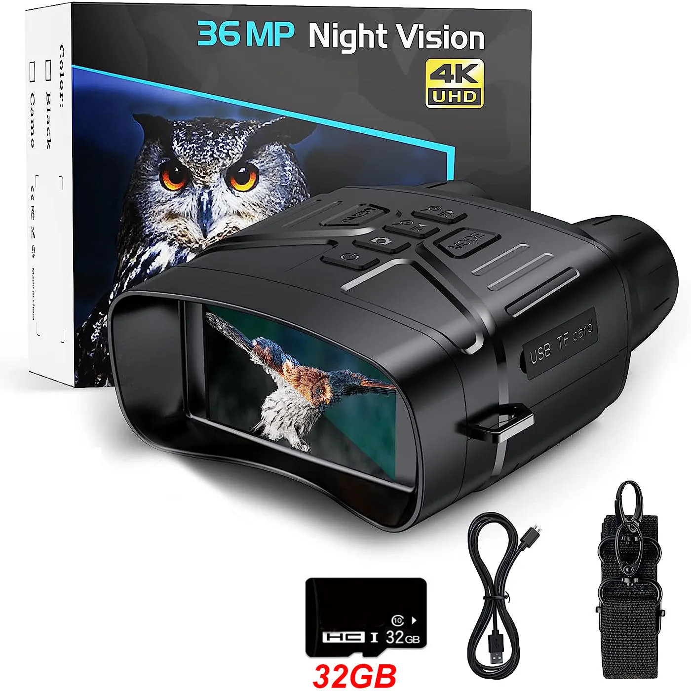 Ultra Clear 4K 36MP night vision monocular in black or camouflage colour with 3-inch screen.