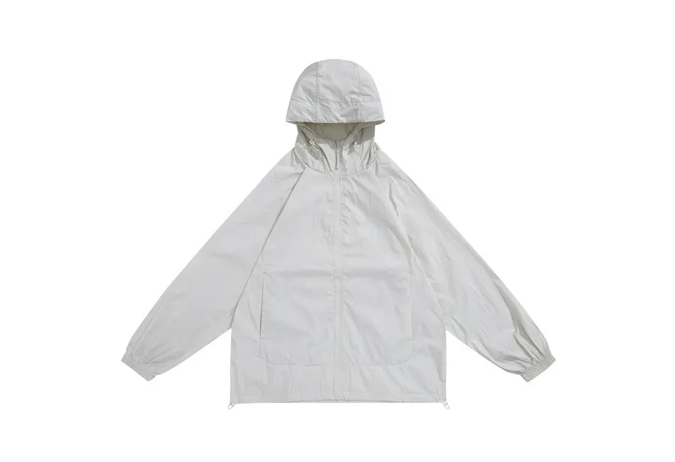 Men's thin hooded sports coat in chemical fibre blend on a hanger.