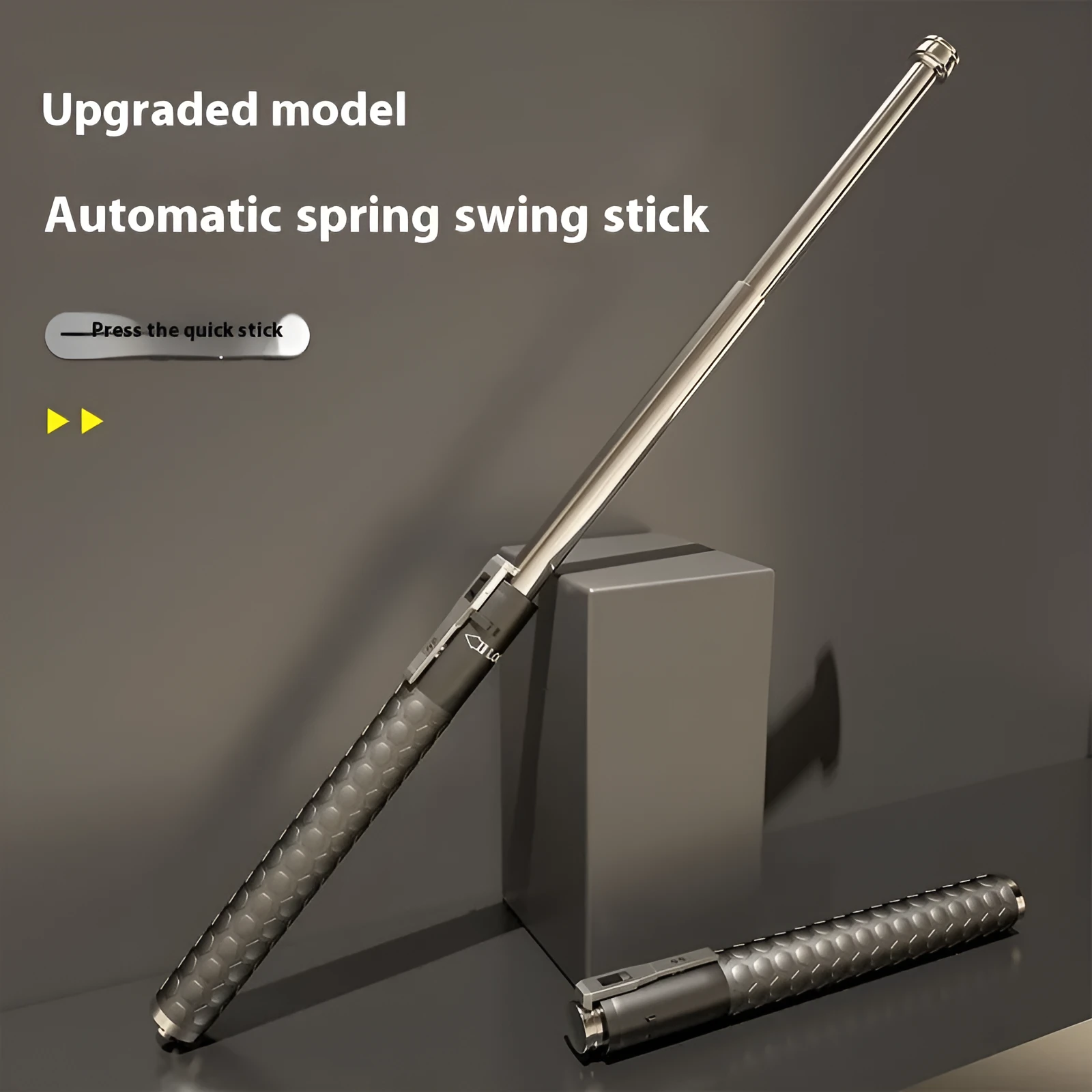 Titanium black automatic spring expandable baton in three sizes: 16 inch, 21 inch, and 26 inch.